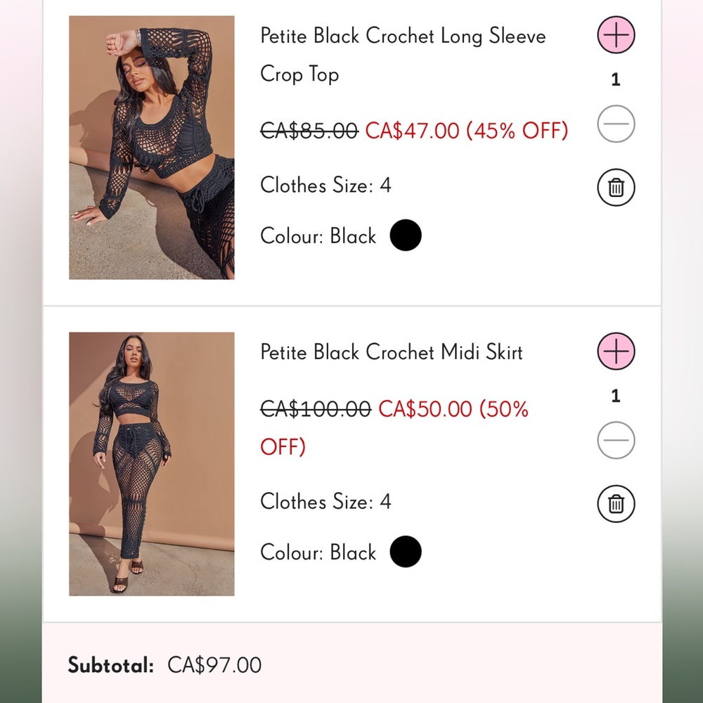 Crochet crop top and skirt from Pretty Little Thing